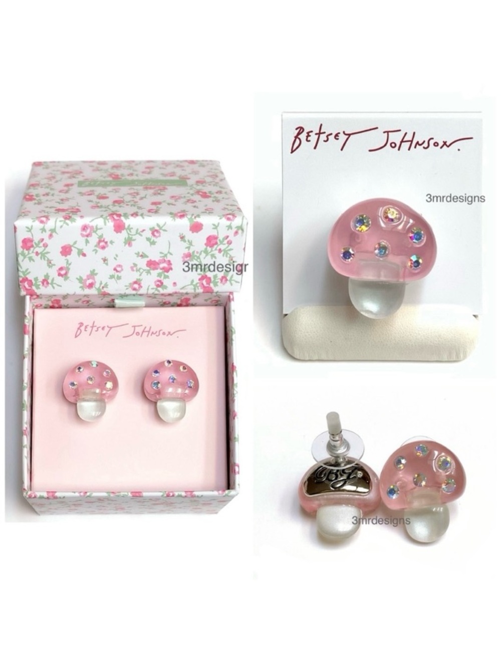 NWT Betsey J.💋MUSHROOM Rhodium Tone CZ Crystals Earrings & Stretch Ring Set